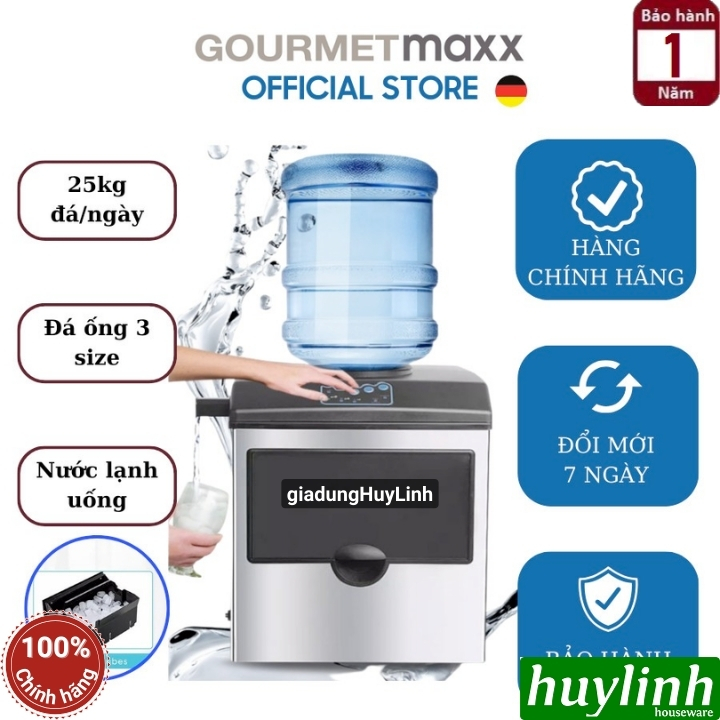 Máy làm đá viên dùng bình úp ngược GourmetMAXX - 25kg/ngày - 3 size đá