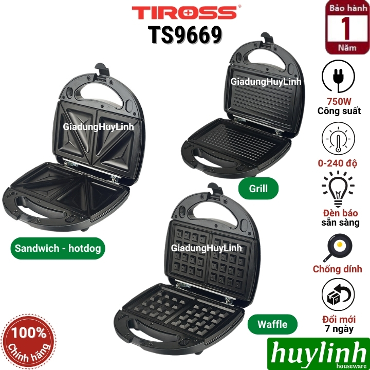 Máy làm - nướng bánh sandwich - hotdog - waffle Tiross TS9669 - 3 trong 1