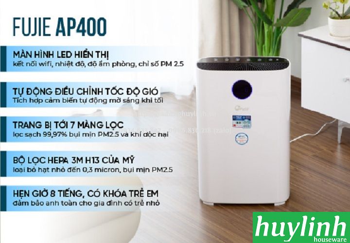 Máy lọc không khí Fujie AP400 - 48m2- Hepa 3M - Điều khiển Wifi 