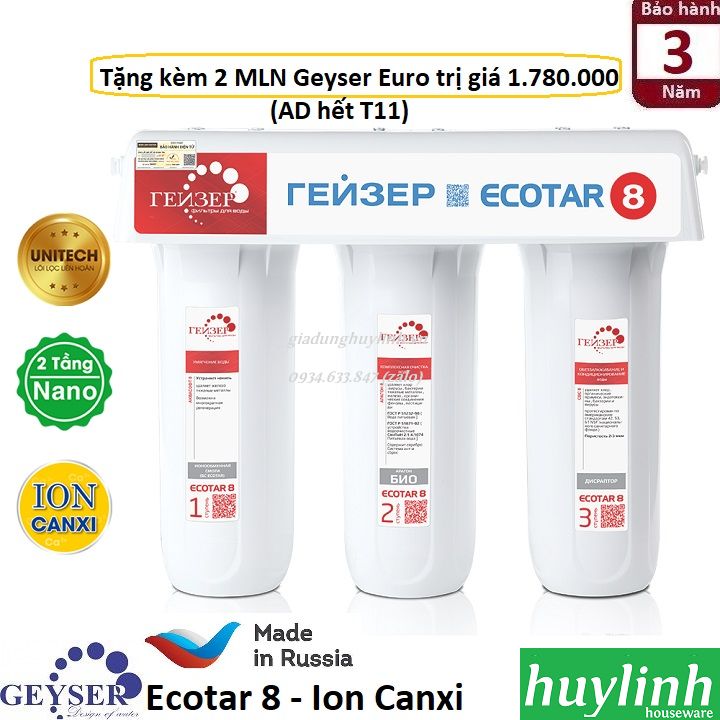 Máy lọc nước Nano Ion Canxi Geyser Ecotar 8 - Công nghệ Unitech Nano kép - Tặng kèm 2 máy lọc tại vòi Geyser Euro - Nhập Khẩu LB Nga Russia