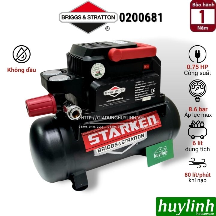 Máy nén khí không dầu Briggs & Stratton 0200681 - 6 lít - 0.75 HP