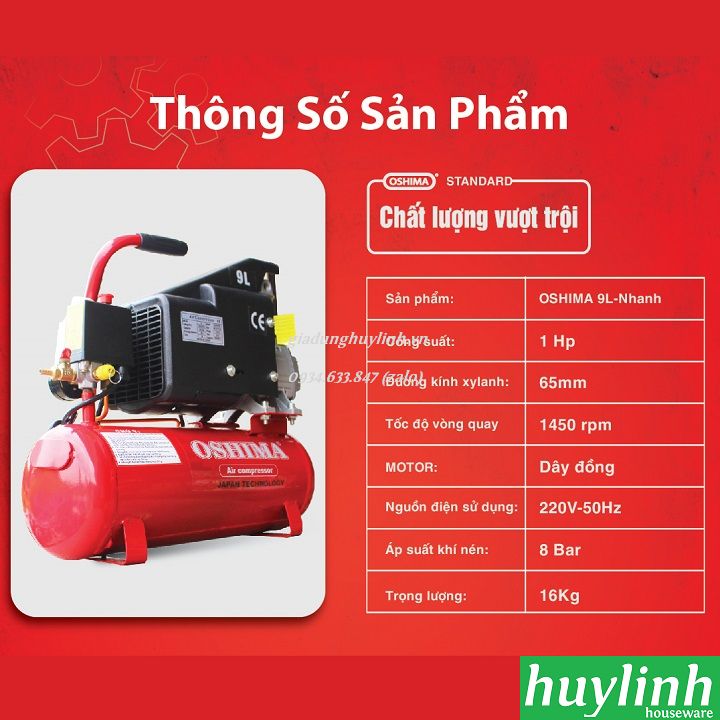 máy nén khí trực tiếp oshima 9 lít nhanh có dầu 3