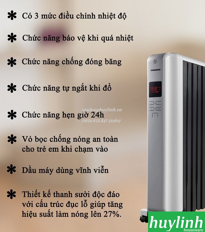 Máy sưởi dầu 12 thanh Tiross TS9218 - Vỏ chống bỏng + Remote Điều khiển từ xa 4