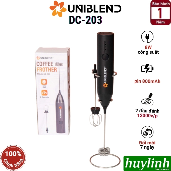 Máy đánh tạo bọt cà phê dùng pin Uniblend DC-203 - 8W - 2 đầu đánh - kèm giá đỡ máy