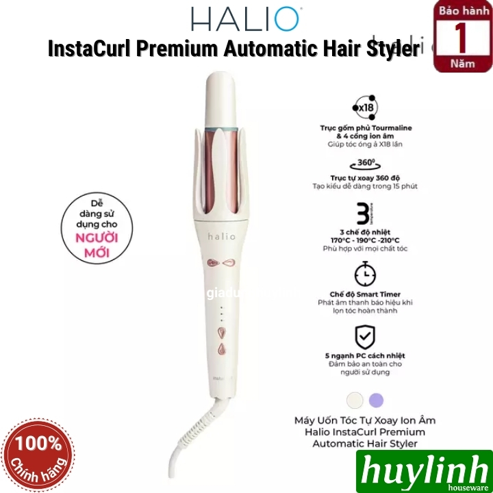 Máy uốn tóc tự xoay ion âm Halio instaCurl Premium Automatic Hair Styler