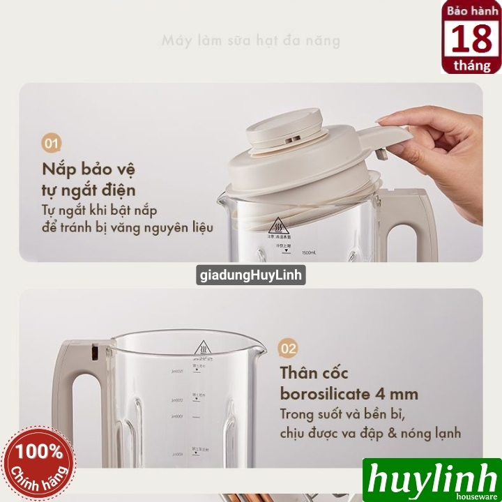 Máy làm sữa hạt đa năng Bear PBJ-D08T1 - 1.5 lít - Tiếng Việt - Bao gồm hộp chống ồn 5