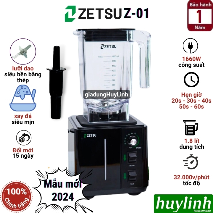 Máy xay sinh tố công nghiệp Zetsu Z-01 - Có hẹn giờ - 1660W - Dung tích 1.8 lít