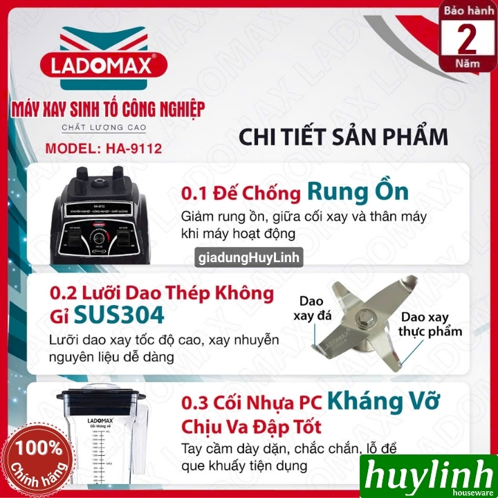 Máy xay sinh tố công nghiệp Ladomax HA-9112 - 1860W - dung tích 2 lít 3