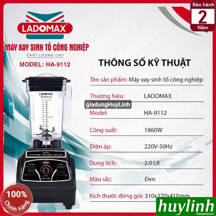 Máy xay sinh tố công nghiệp Ladomax HA-9112 - 1860W - dung tích 2 lít 7