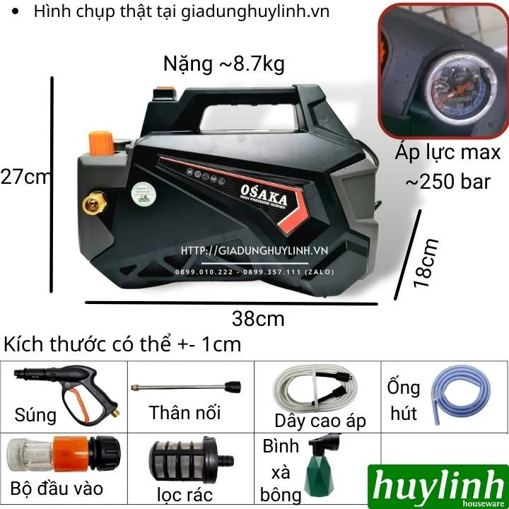 Máy xịt rửa xe chỉnh áp Osaka R3 - 3000W - Model 2022 - Tặng béc rửa máy lạnh, điều hoà