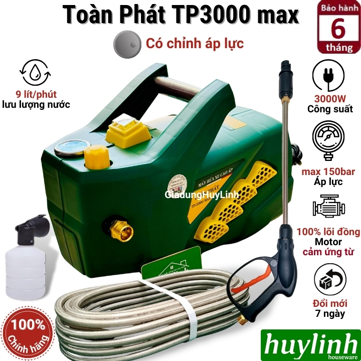 Máy xịt rửa xe Chỉnh Áp Toàn Phát TP-3000 Max - 3000W - 150 bar - Lõi đồng 100%