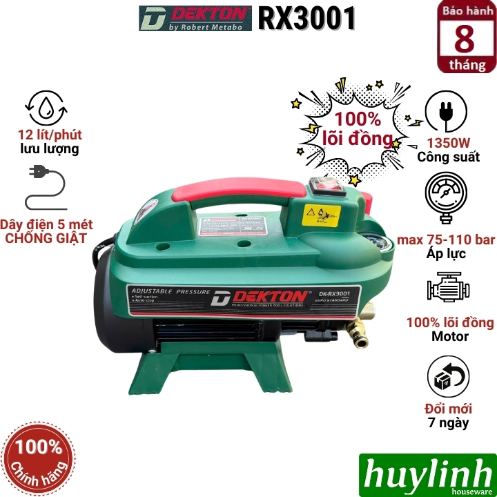 Máy xịt rửa xe chỉnh áp Dekton RX3001 (nâng cấp CWR3001) - Có rờ le chống giật - Motor lõi đồng 100%