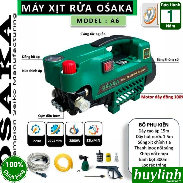 Máy xịt rửa xe chỉnh áp Osaka A6 - 2800W - motor cảm ứng từ lõi đồng 2