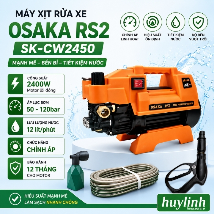 Máy xịt rửa xe chỉnh áp Osaka RS2 (SK-CW2450) - 2400W - motor lõi đồng 100%