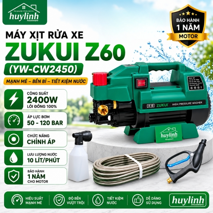 Máy rửa xe chỉnh áp Zukui Z60 (YW-CW2450) - 2400W - Motor từ - Tặng Thân nối súng