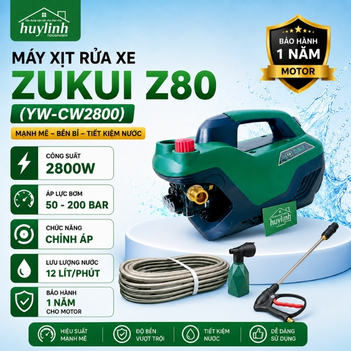 Máy xịt rửa xe chỉnh áp Zukui Z80 (YW-CW2800) - 2800W - Motor cảm ứng từ