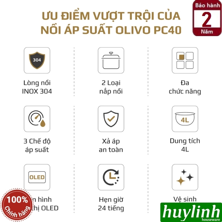 Nồi áp suất điện đa năng Olivo PC40 - 4 lít - 1300W - 2 nắp nồi - 10 menu