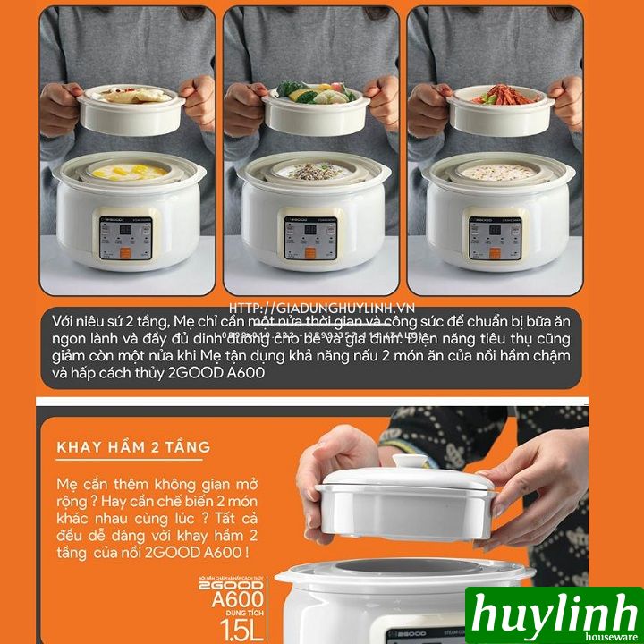 Nồi hầm chậm, chưng yến, nấu cách thuỷ 2Good A600 - 1.5 lít - 2 tầng 5