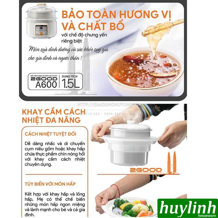 Nồi hầm chậm, chưng yến, nấu cách thuỷ 2Good A600 - 1.5 lít - 2 tầng 6