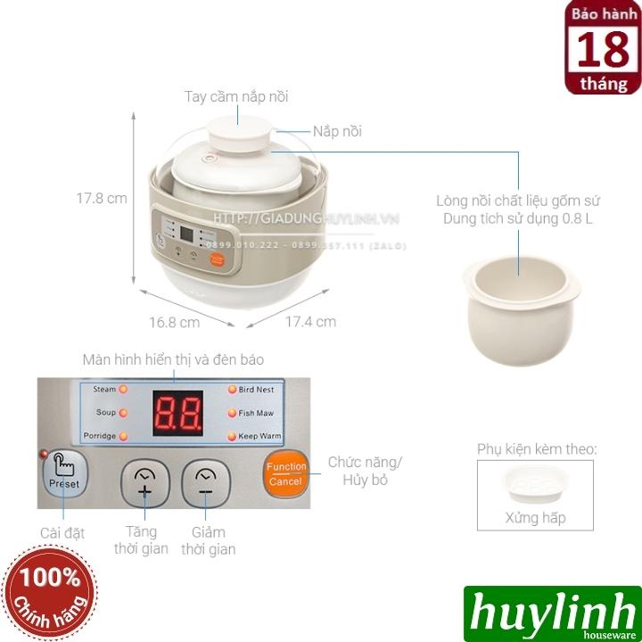 Nồi nấu chậm - chưng yến - nấu cách thuỷ Bear DDZ-A08D1 [A08G2] - 0.8 lít - Kèm xửng hấp 2