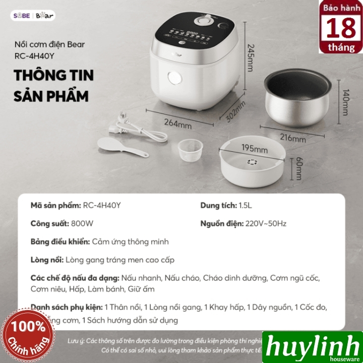 Nồi cơm điện lòng gang tráng men Bear RC-4H40Y - 1.5 lít 9