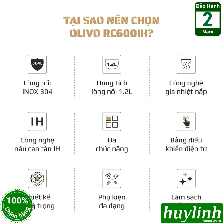 Nồi cơm điện cao tần Olivo RC-600IH - lòng nồi inox 304 - 1.2 lít