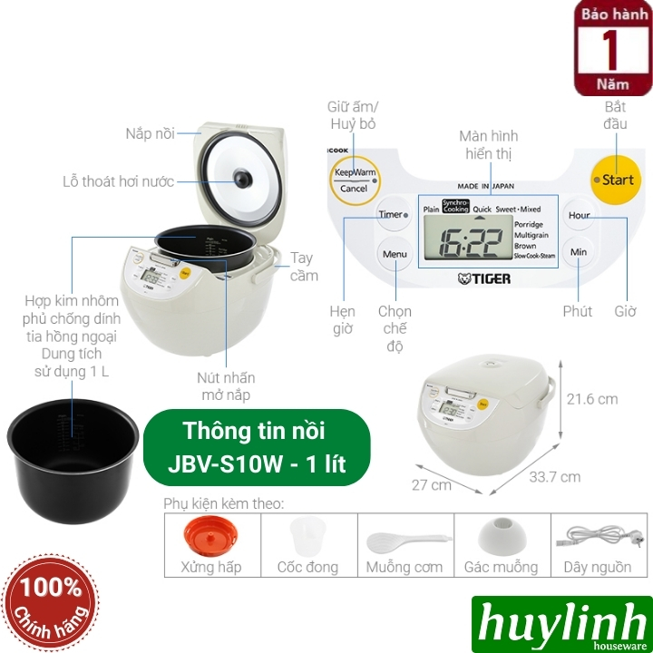 Nồi cơm điện tử Tiger JBV-S18W - 1.8 lít - JBV-S10W - 1 lít - Made in Nhật Bản