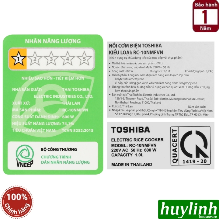 Nồi cơm điện tử Toshiba RC-10NMF - 1 lít - 2 - 4 người 8