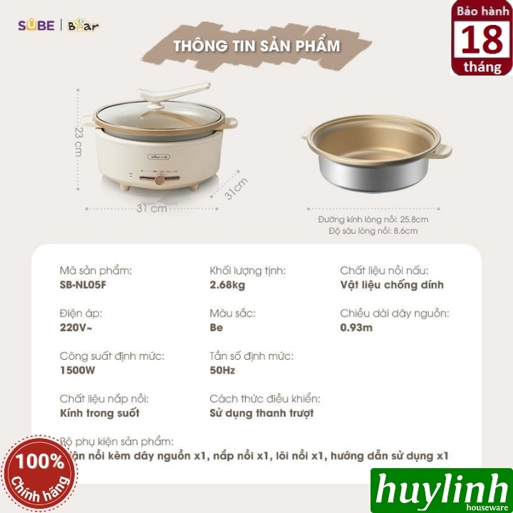 Nồi lẩu điện đa năng Bear SB-NL05F - dung tích 5 lít - 4 mức nhiệt - dùng chiên xào 8