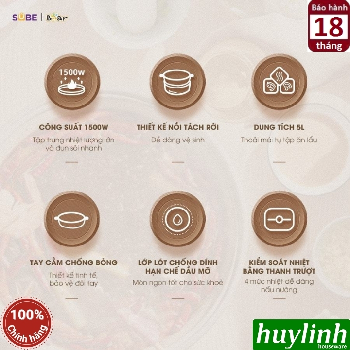 Nồi lẩu điện đa năng Bear SB-NL05F - dung tích 5 lít - 4 mức nhiệt - dùng chiên xào 7