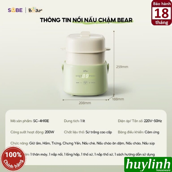 Nồi nấu chậm - chưng yến - nấu cách thuỷ Bear SC-4H10E - 1 lít - 7 chức năng - kèm xửng hấp 8
