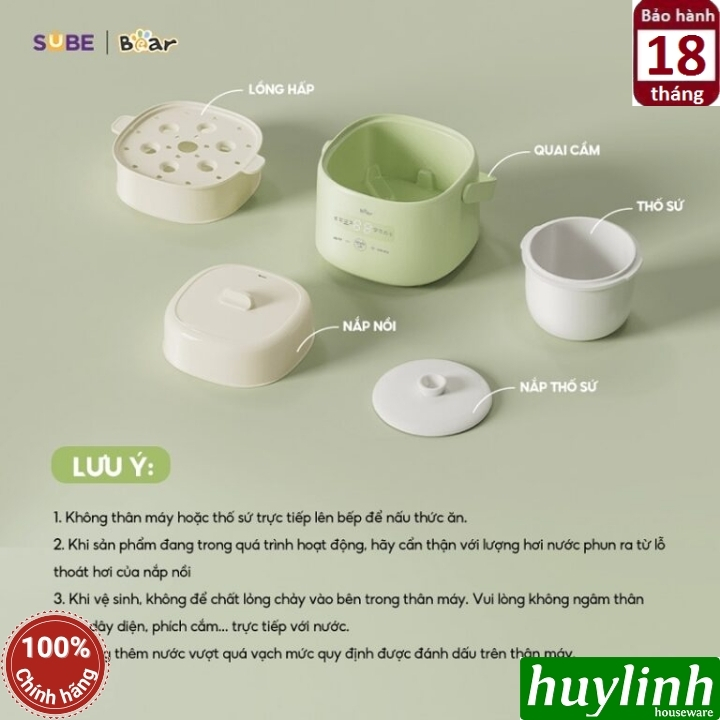 Nồi nấu chậm - chưng yến - nấu cách thuỷ Bear SC-4H10E - 1 lít - 7 chức năng - kèm xửng hấp 6