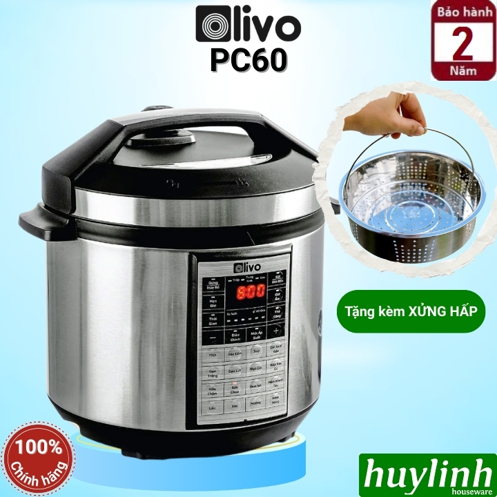 Nồi áp suất điện đa năng Olivo PC60 - 6 lít - 1000W - 16 chức năng - Tặng Xửng Hấp