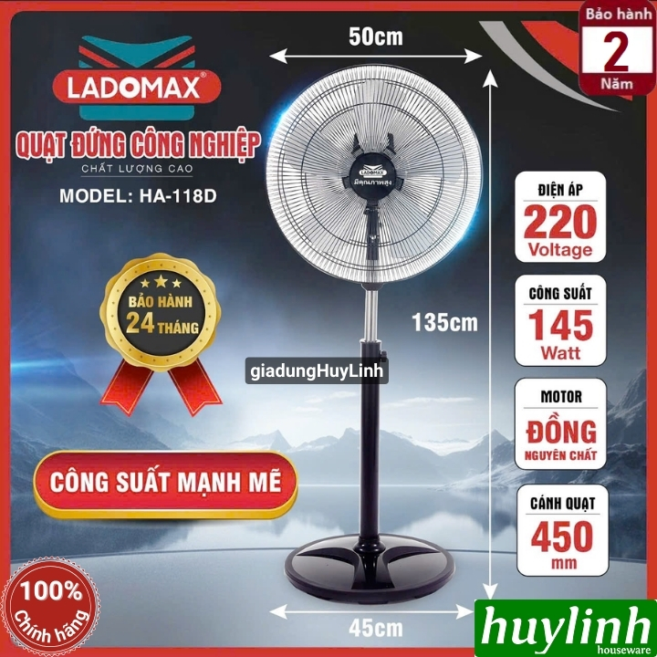 Quạt đứng 5 cánh nhôm Ladomax HA-118D - 145W - 5 tốc độ gió