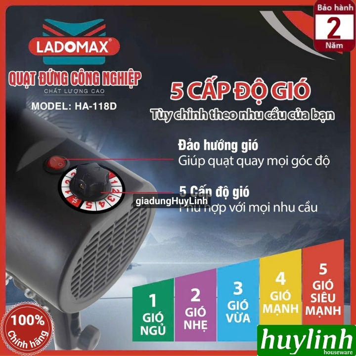 Quạt đứng 5 cánh nhôm Ladomax HA-118D - 145W - 5 tốc độ gió 2