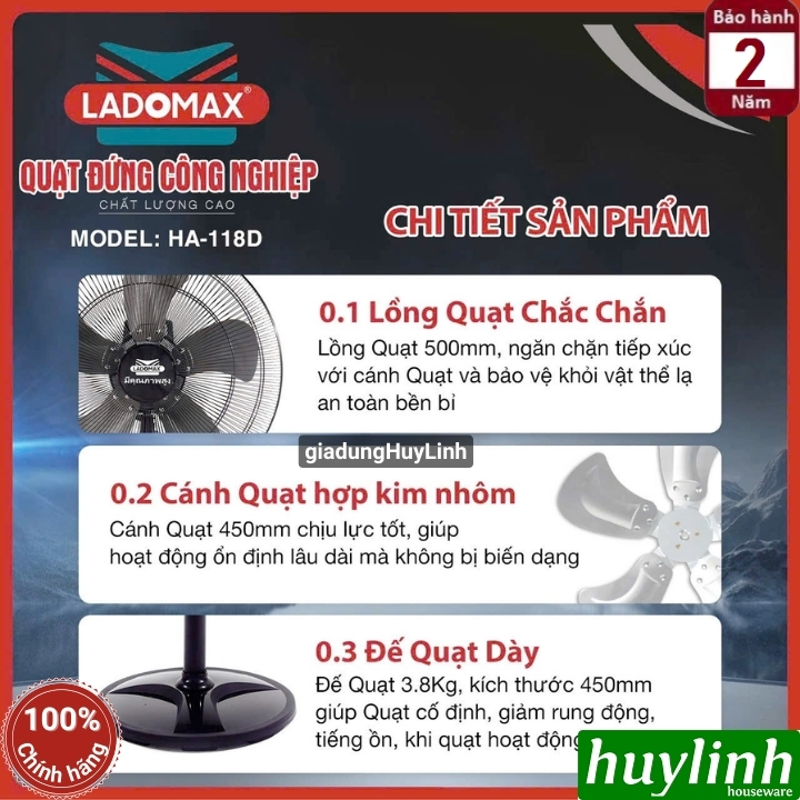 Quạt đứng 5 cánh nhôm Ladomax HA-118D - 145W - 5 tốc độ gió 6