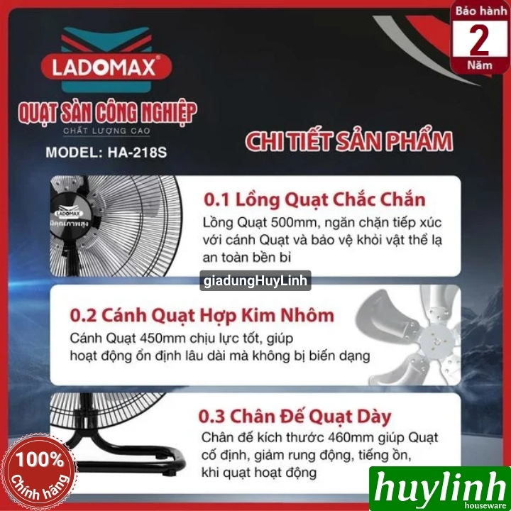 Quạt sàn 5 cánh nhôm Ladomax HA-218S - 145W - 5 tốc độ gió 3