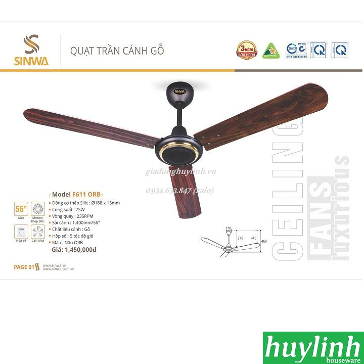 Quạt trần cánh gỗ Sinwa F611 ORB 3