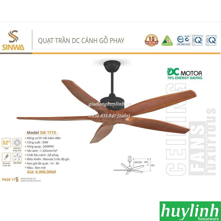 Quạt trần cánh gỗ phay Sinwa SW1715 3