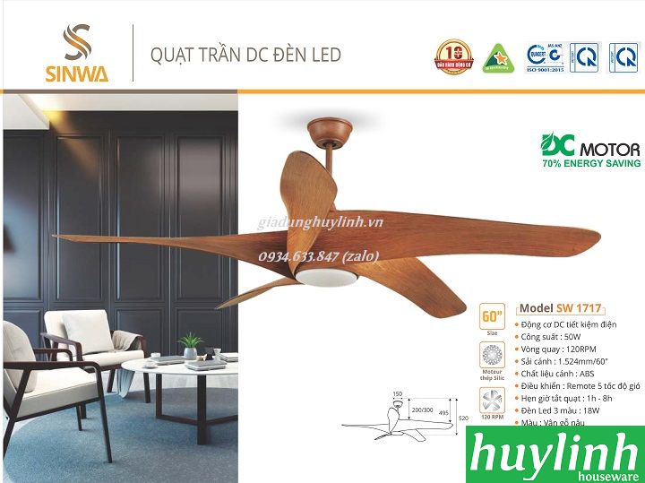 Quạt trần cánh gỗ phay Sinwa SW1717 3