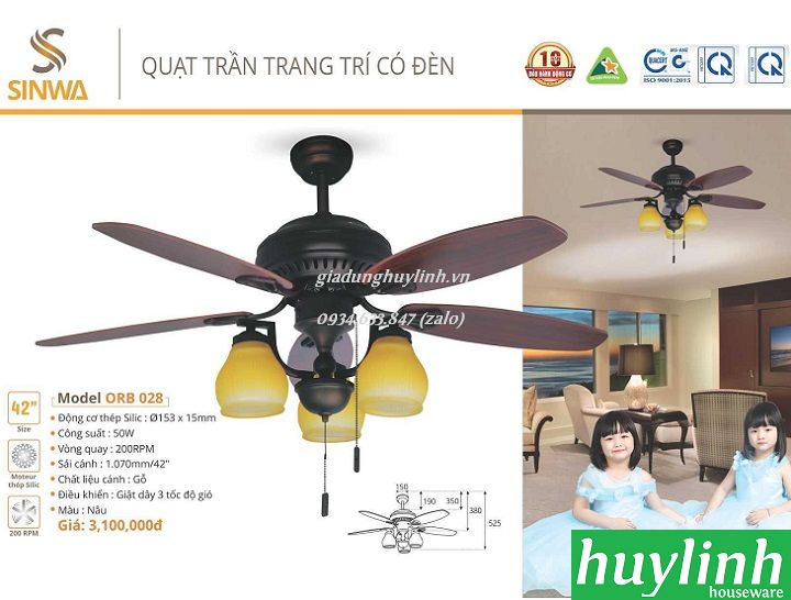 Quạt trần đèn cánh gỗ Sinwa ORB028 3