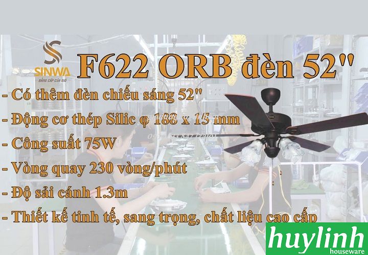 Quạt trần đèn cánh gỗ Sinwa F622 ORB 3