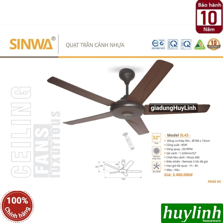 Quạt trần Sinwa SL41 và SL43