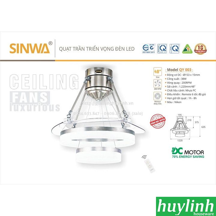 Quạt trần triển vọng đèn LED Sinwa QY003 3