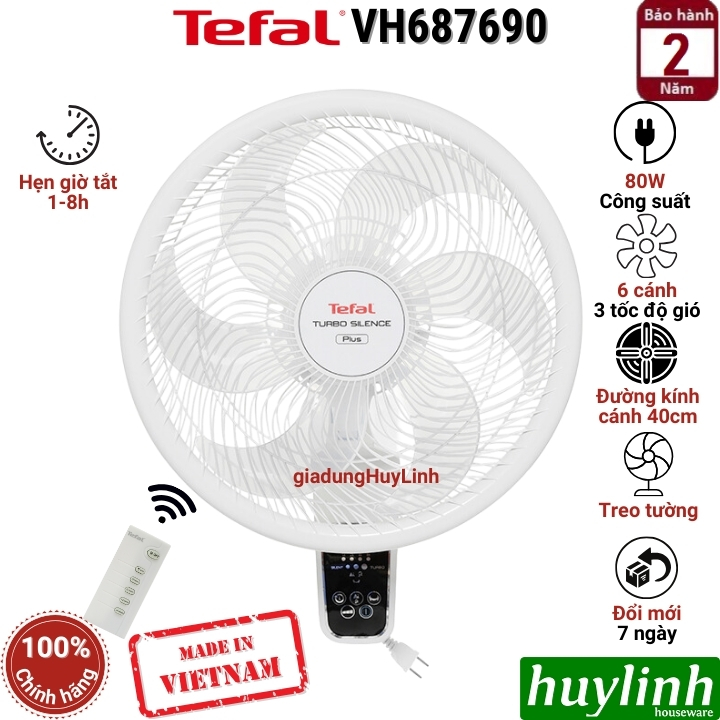 Quạt treo tường Tefal TB Silence Plus VH687690 - 80W - Có Remote - Sản xuất tại Việt Nam