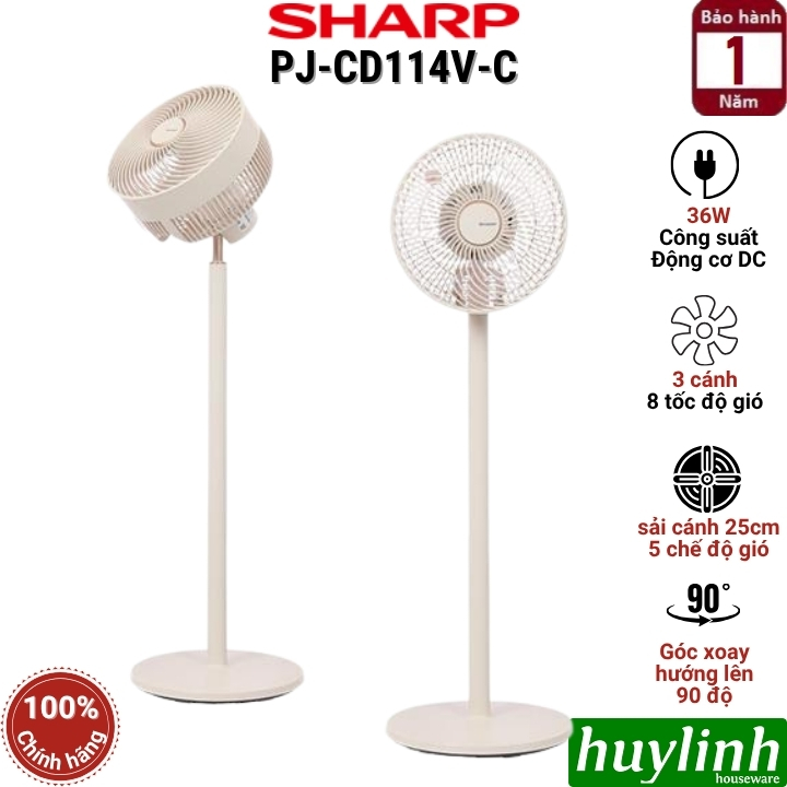Quạt cây đứng tuần hoàn không khí Sharp PJ-CD114V-C - động cơ DC 36W - 3 cánh 8 tốc độ gió