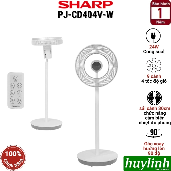 Quạt cây đứng tuần hoàn không khí Sharp PJ-CD404V-W - động cơ DC 24W - 9 cánh