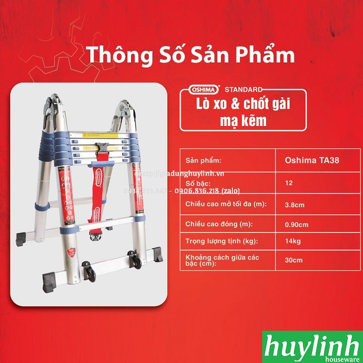 Thang nhôm rút đôi chữ A Oshima TA-38 - 3.8 mét 5