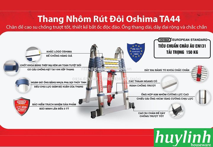 Thang nhôm rút đôi chữ A Oshima TA-44 - 4.4 mét 4