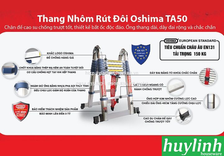 Thang nhôm rút đôi chữ A Oshima TA-50 - 5 mét 4